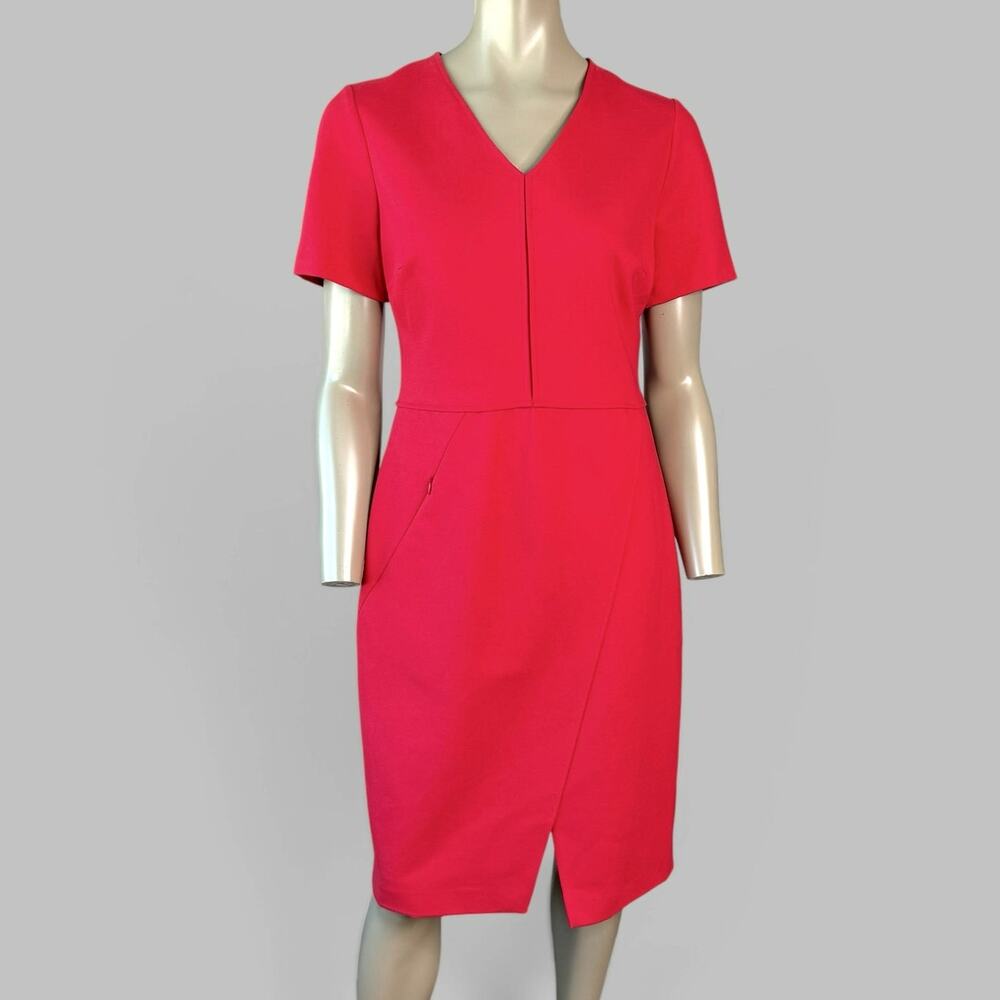 Elie Tahari Red Sheath Dress Womens 10 Alessandra Short Sleeve V Neck Ponte Knit